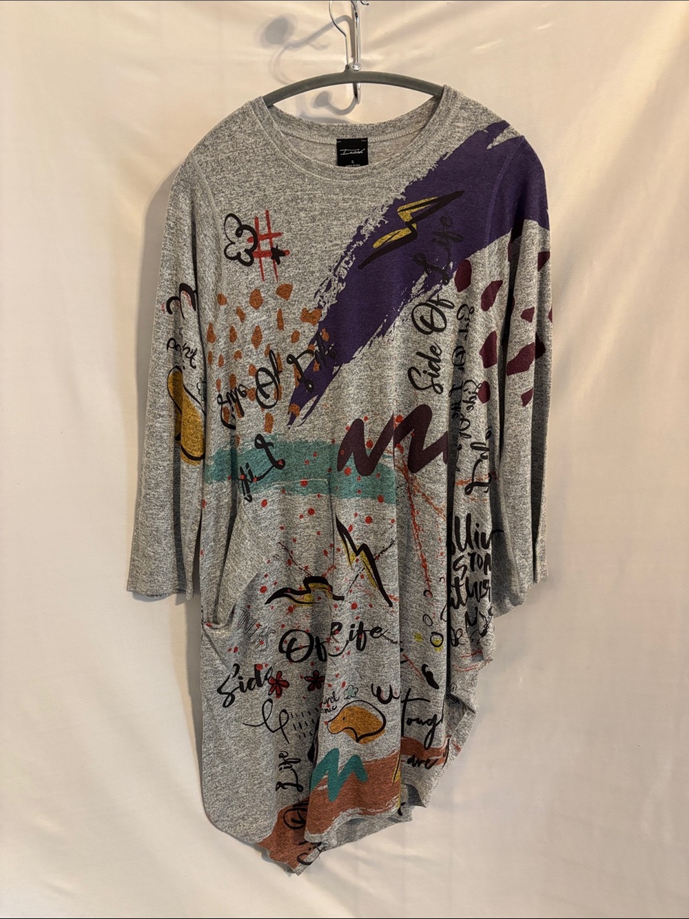 Inoah Graffiti Abstract Print Asymmetrical Tunic Mini Dress Top Small